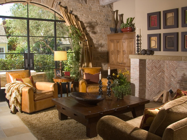 Tuscan Living Room Stone Accent Wall - Mediterranean ...