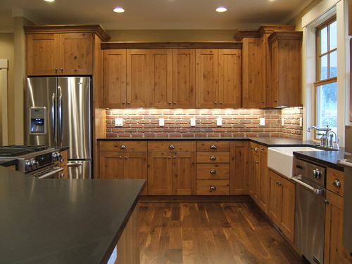 Black Granite Countertops White Cabinets Kitchen Space Dining Room Wooden Floor Undermount Sink