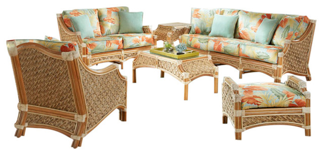 Mauna Loa 6-Piece Living Room Furniture Set in Natural, Aqua Fabric