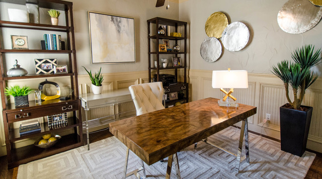 Sophisticated Mid Century Modern Office Touches Of Metallic Glam Midcentury Home Office