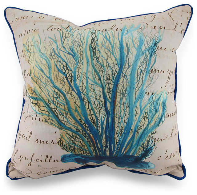 Betsy Drake Blue Coral Print Beige In/Outdoor Decorative Throw Pillow 18in. - Beach Style ...