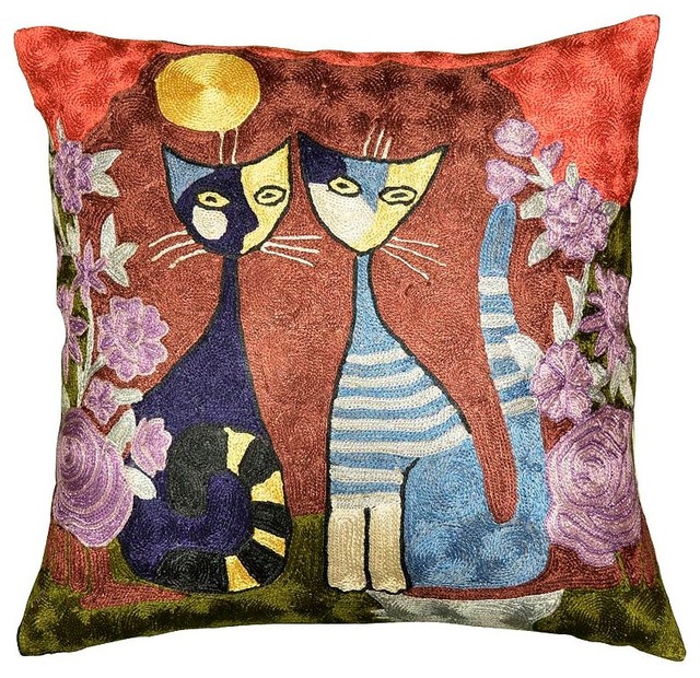 Modern Cat Pillow Cover Twins II Hand Embroidered 18