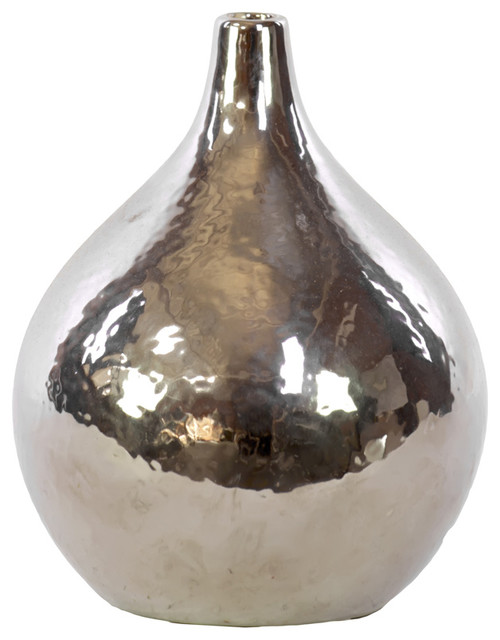 Chrome Silver Ceramic Round Vase, Small Contemporary Vases by