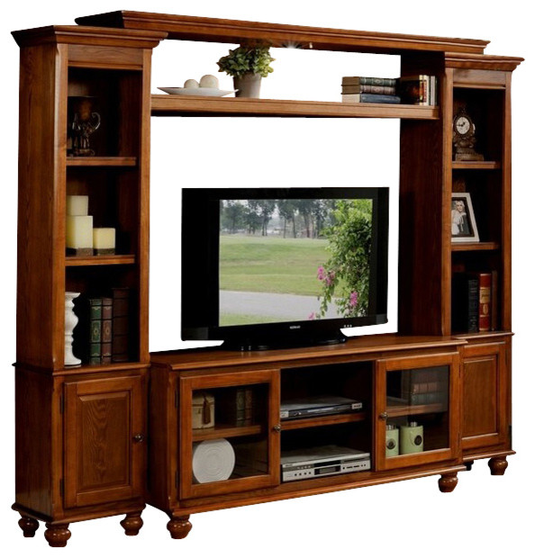 4Piece Dita Light Oak Finish Wood Slim Profile Entertainment Center