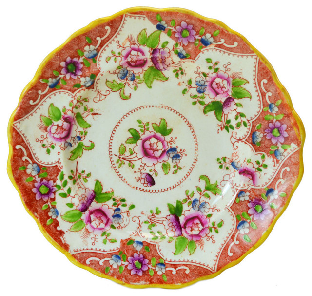Consigned Small Serving Plate Decoration, Orange Floral Traditional
