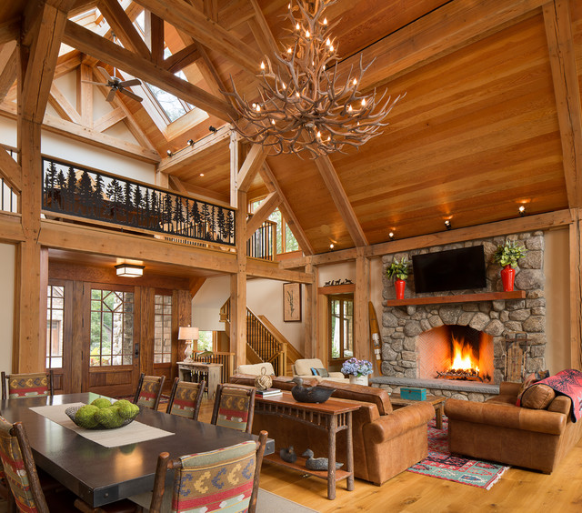 Birch Point Timber Frame Rustic Living Room by TASOS KOKORIS AIA