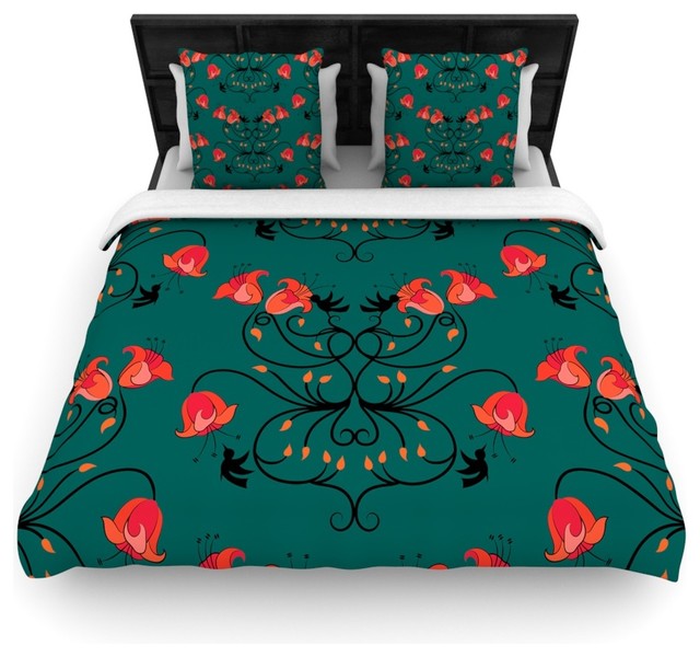 Yenty "Hummingbird" Teal Red Cotton Duvet Cover, Queen, 88"x88