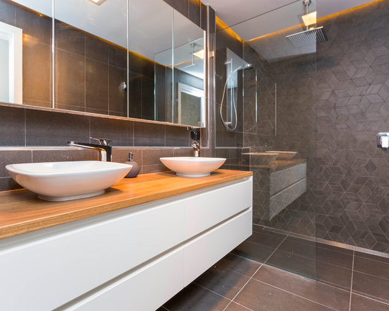 MidSized Grey With Wood Trim Bath Design Ideas, Pictures, Remodel 