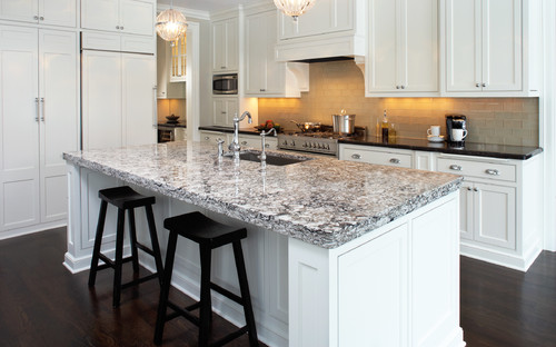 Dark Hardwood Floor White Kitchen Cabinets Gray Glass Subway Backsplash Two Different Countertop Material