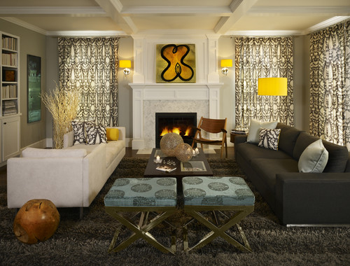 Greys with Splashes of Lemon Yellow make this family room comfy and warm