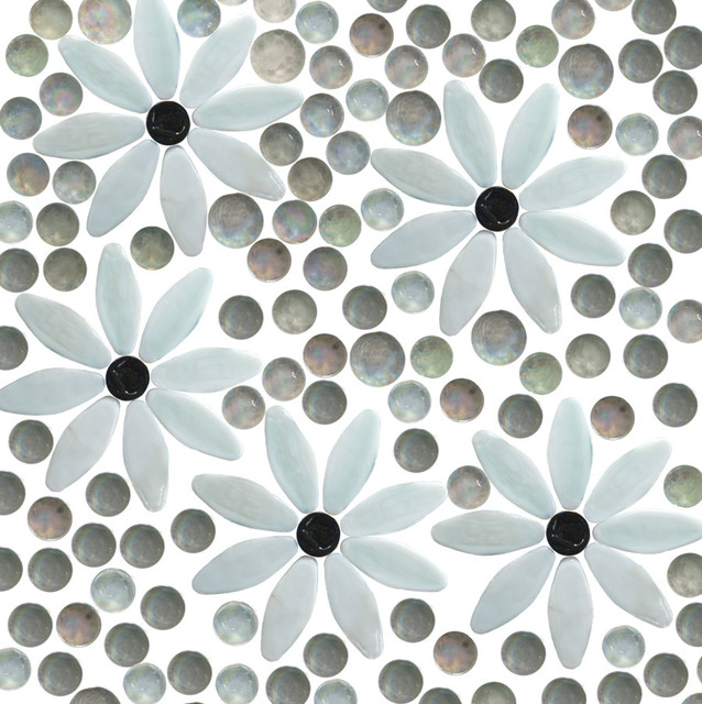 White Daisy With Clear Iridescent Glass Tile Mix, Full Sheet