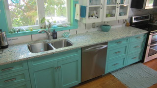 kitchen teal vetrazzo floating cabinets cabinetry eclectic refresh interiors inc fixtures countertops counter cupboards stone tile