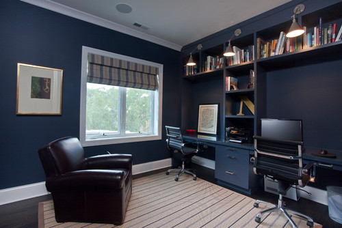 Beautiful navy home office and built-ins