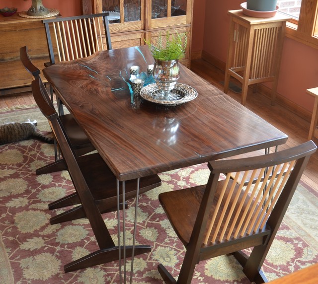 Black Walnut Slab Kitchen Table With Turquoise Inlay Contemporary