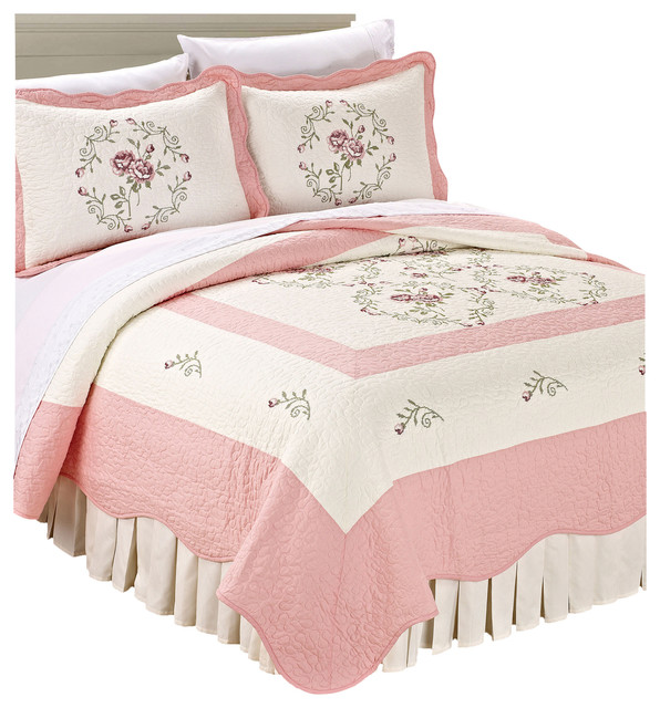 Embroidered Microfiber Bedspread 3 Piece Set, Light Pink, King Modern Comforters And