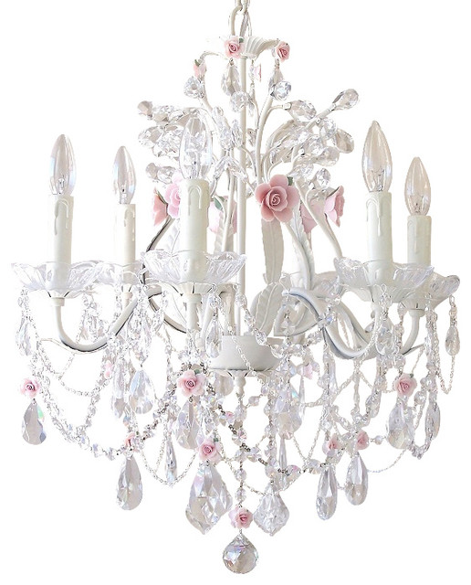6 Light Crystal Chandelier with Porcelain Roses Traditional