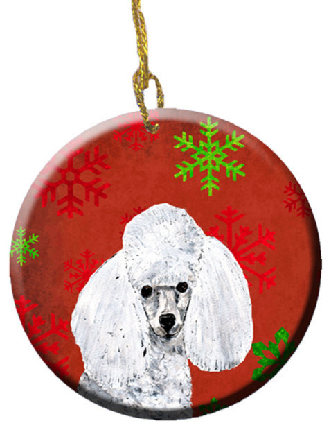 white toy poodle red snowflakes holiday ceramic ornament white toy poodle red snowflakes holiday ceramic ornament