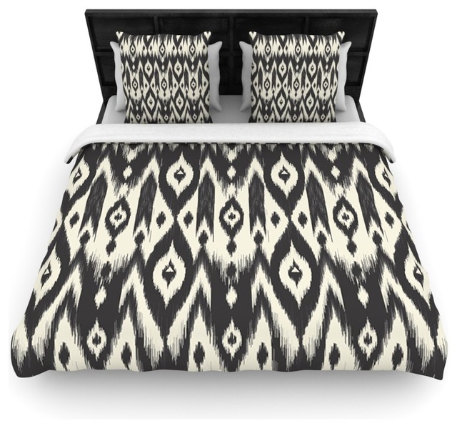 "Black Cream Tribal Ikat" Duvet Cover, 104"x88", Fleece Contemporary
