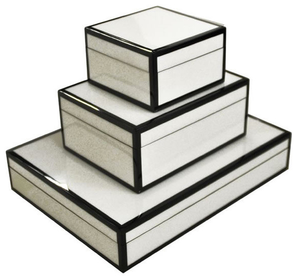 Lacquered Boxes, White & Black Trim Modern Decorative Boxes by