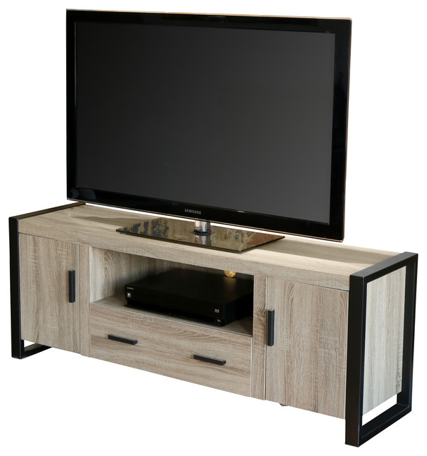 60" Ash Grey Wood TV Stand Console Transitional Entertainment