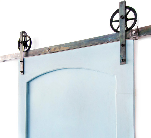 Industrial Spoke European Slide Door Hardware, Industrial Green, 8ft, 4 Roller Industrial