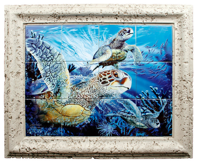 "Sea Turtle Find", Coral Framed Ceramic Tile Mural - Tropical - Tile
