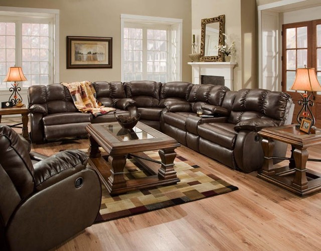 Recline Designs Furniture Hampton Brown Leather Reclining Sectional Traditional Sectional