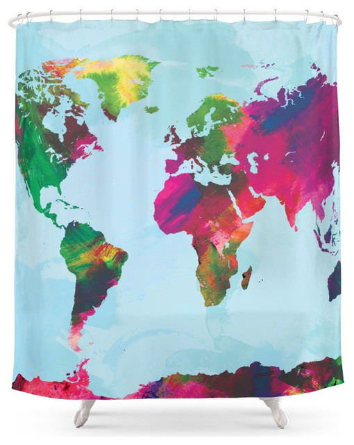 Watercolor World Map Shower Curtain