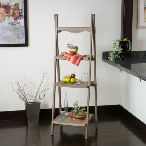 Contemporary Living Space w/ Wood Ladder Display Shelf