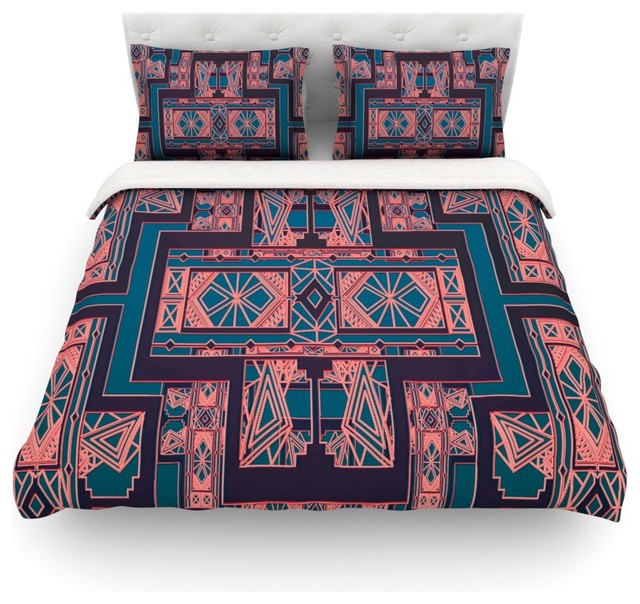 Nika Martinez "Golden Art Deco Blue & Coral" Duvet Cover, Cotton, Queen