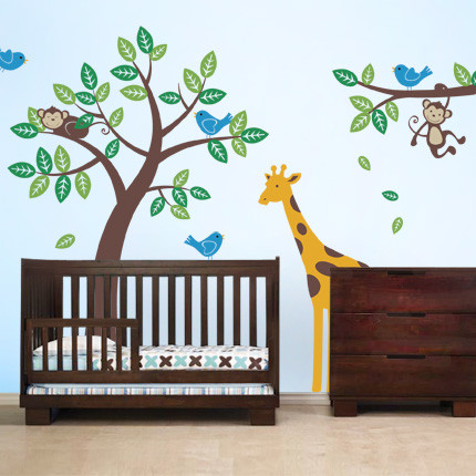 tree with monkeys and giraffe wall decal