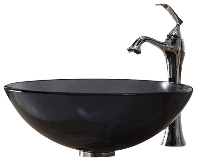 Kraus Clear Black Glass Vessel Sink and Ventus Faucet Contemporary