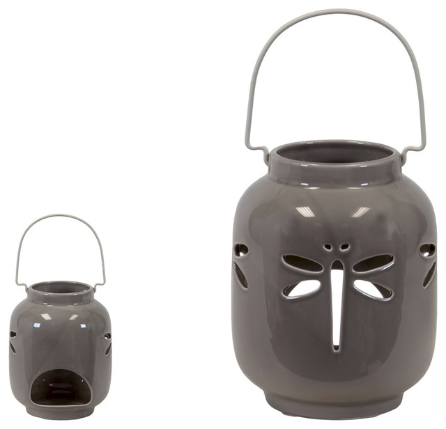 Ceramic Lanterns With Dragonfly Designs, Set of 2 Contemporary