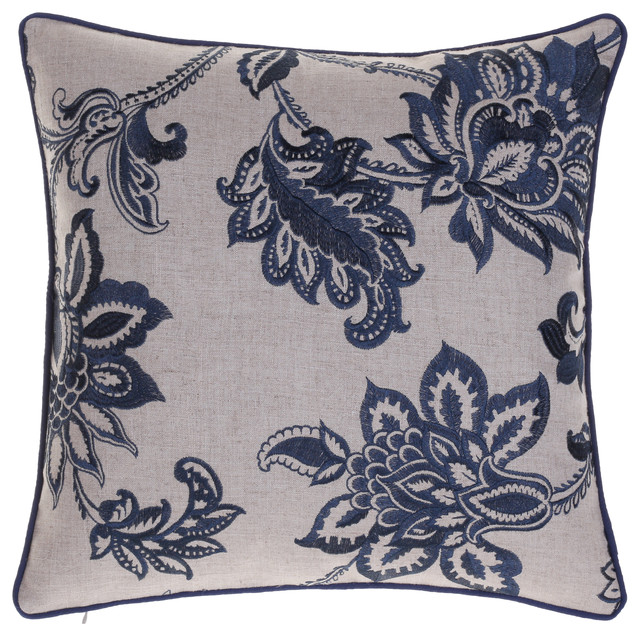 Embroidered French Country Throw Pillow, Indigo - Farmhouse - Decorative Pillows - by 14 Karat ...