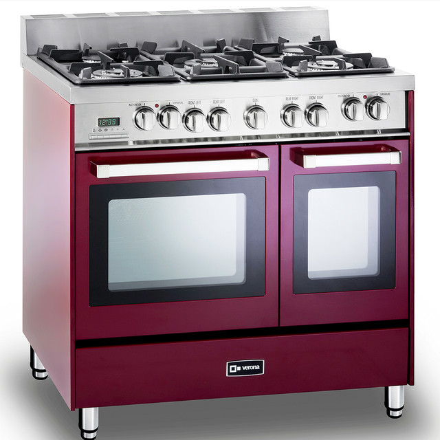 36" Dual Fuel Double Oven Range in Red Modern Gas Ranges And