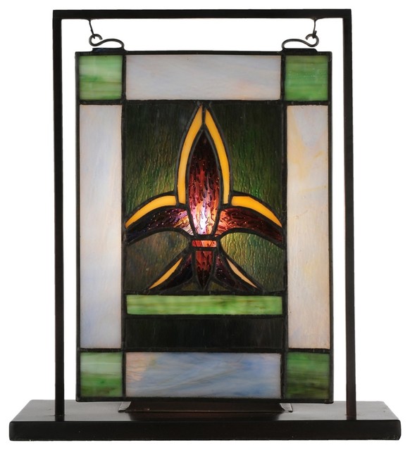 Meyda Tiffany FleurDeLis Lighted Mini Tabletop Window Traditional Stained Glass Panels