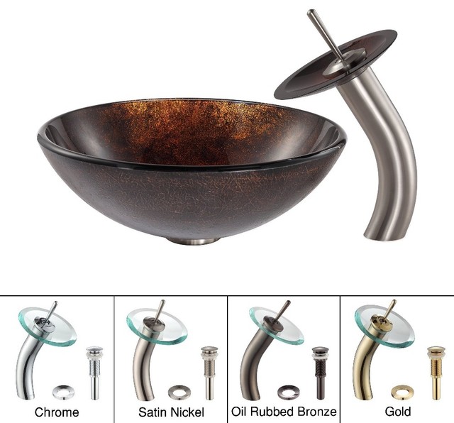 Kraus Jupiter Glass Vessel Sink and Waterfall Faucet Satin Nickel ...