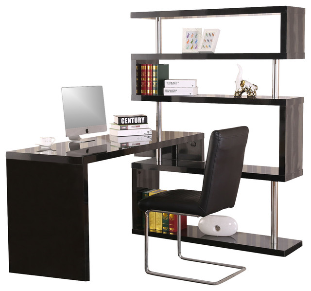 Rotating Home Office Corner Desk and Shelf Combo, Black Contemporary Desks And Hutches by