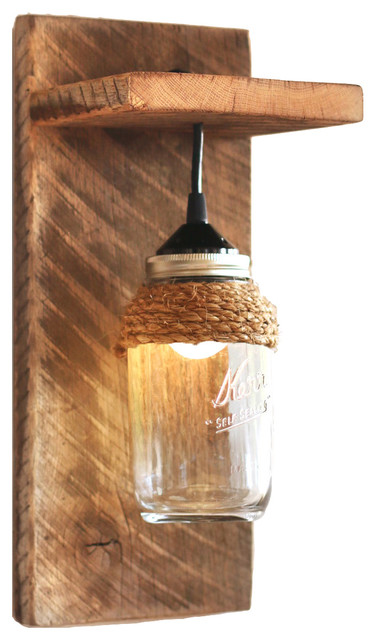 Barn Wood Mason Jar Light Fixture - Wall Sconce, With Rope Accent - Rustic - Wall Sconces - by ...