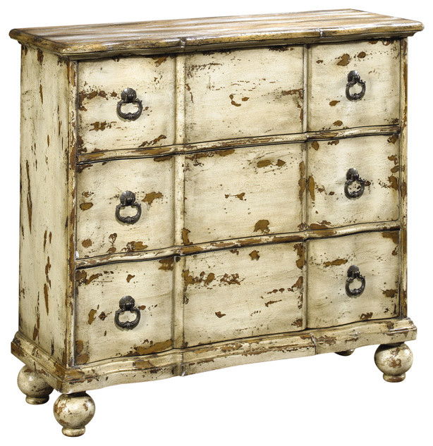 Handpainted Distressed Antique Ivory Chest Contemporary Accent