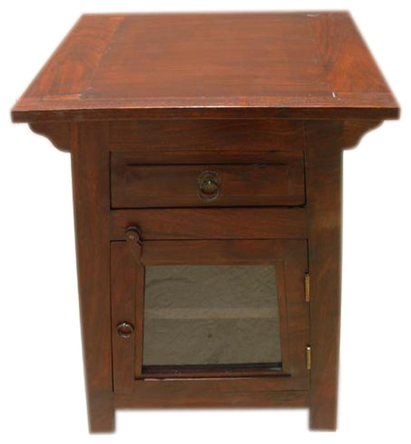Solid Wood Nightstand Side End Table Glass Door Shelf Transitional Nightstands And Bedside