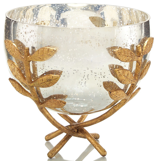 Overton Hollywood Regency Gold Leaf Branch Mercury Glass Bowl