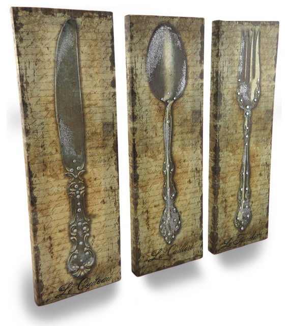 Embellished Spoon Fork Knife Printed Canvas Wall Hangings Set of 3