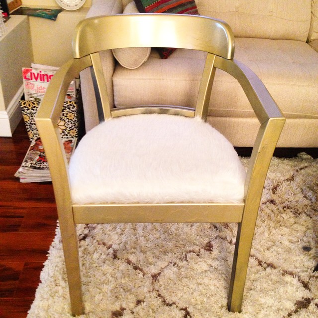 Gorgeous Gold Barrel Chairs with White Faux Fur Upholstery ($185 for