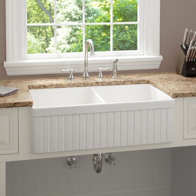 33 Inch Baldwin Double Bowl Fireclay Farmhouse Kitchen Sink Fluted