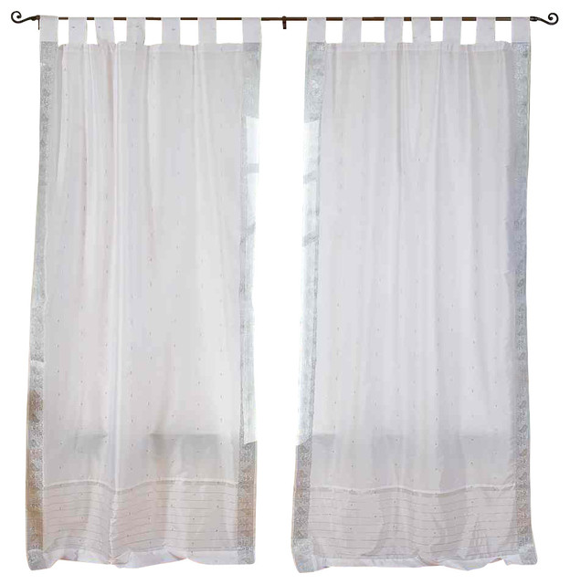 Pair of White Silver Tab Top Sheer Sari Curtains, 43"x63" Eclectic