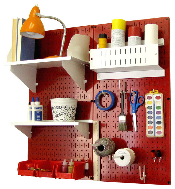 Pegboard Organizer Storage Kit, Red Pegboard and White Accessories