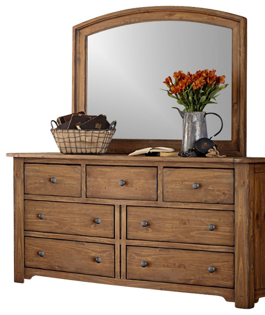 7 Drawer Dresser and Mirror Solid Wood Construction in Vintage Light