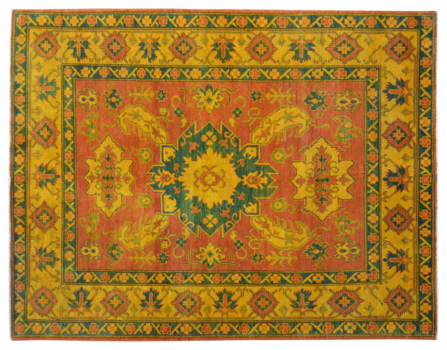 Yellow Overdyed Kazak 6x8 Hand Knotted 100 Wool Oriental Geometric Rug