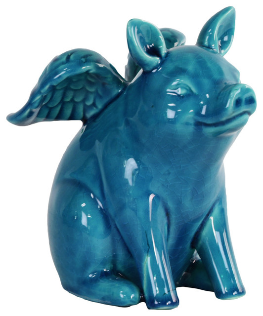 Ceramic Sitting Winged Pig Figurine, Turquoise Decorative Objects And